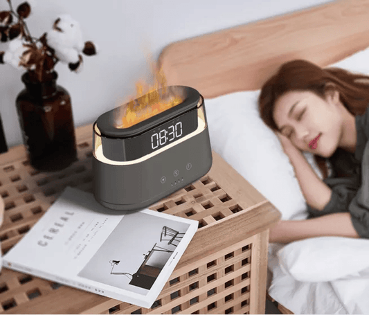 2023 Elegant Alarm Clock Oil Diffuser Innovative Simulation Flame Humidifier With Timer Function Flame Night Light - trendsocialshop